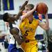 Saline junior Erik Jacobsen looks to pass the ball while defended by Pioneer junior Taylor Johnson on Friday, Feb. 1. Daniel Brenner I AnnArbor.com